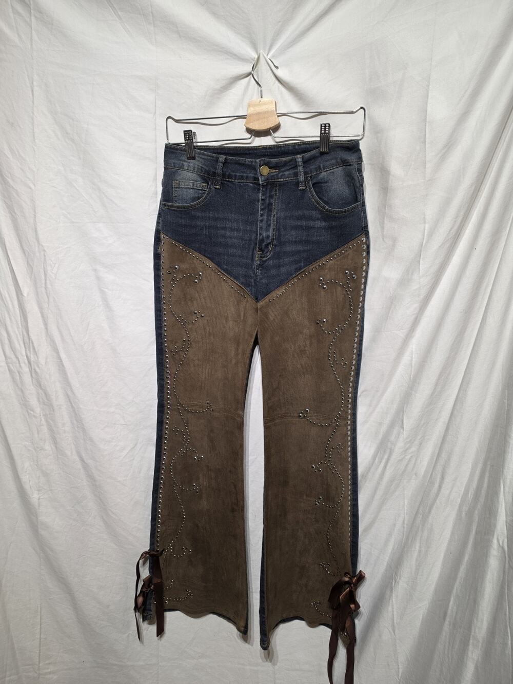 Romwe Western Jeans women's size M, 30"waist Cowgirl Blue w/ suede Looking Chaps